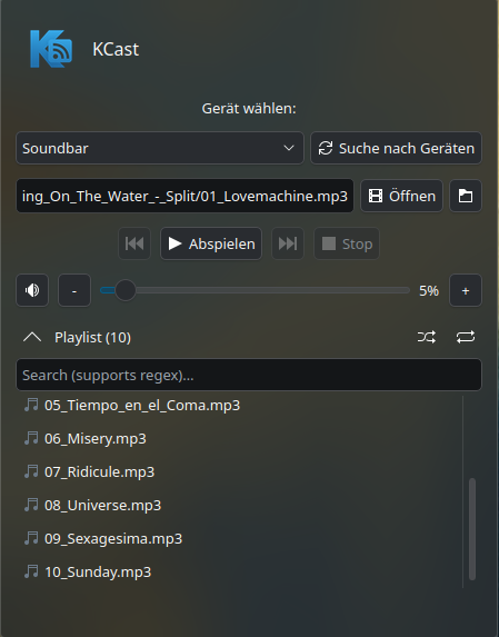 KCast Plasmoid: Geräteauswahl, Playlist mit Suche und Wiedergabesteuerung