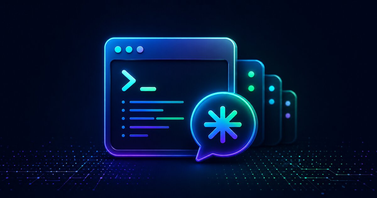 KClaude: Terminal-Fenster mit Chat-Sprechblase und gestapelten Sessions als Sinnbild für den Claude-Code-Session-Manager