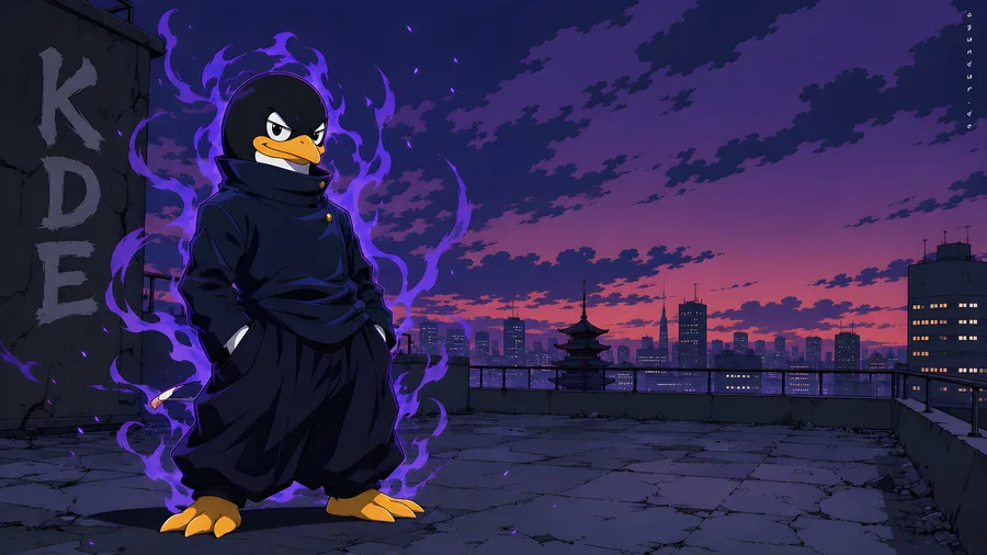 anime-tux Wallpaper: stilisierter Tux-Charakter mit violetter Aura vor nächtlicher Stadt-Skyline