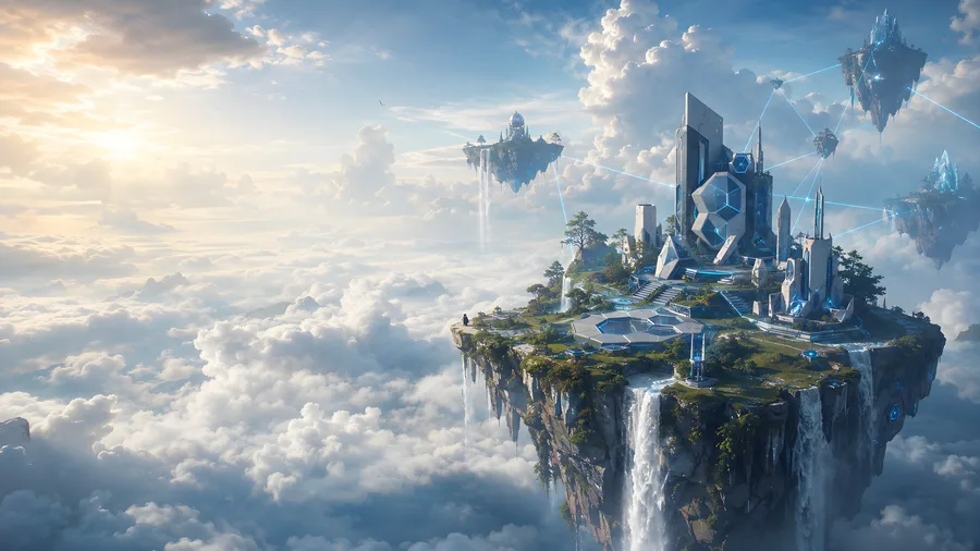 Floating Islands Wallpaper: futuristische Hex-Stadt auf schwebender Insel über den Wolken mit Wasserfällen
