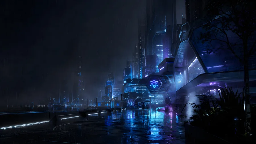 KDE Neon Rain Wallpaper: regennasse Cyberpunk-Straße mit leuchtenden Neon-Hochhäusern und blauem Hexagon-Emblem