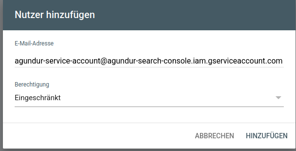Dialog "Nutzer hinzufügen" mit eingetragener Service-Account-E-Mail und Berechtigung "Eingeschränkt"