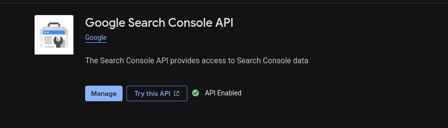 Google Search Console API aktiviert, grüner Haken bei "API Enabled"