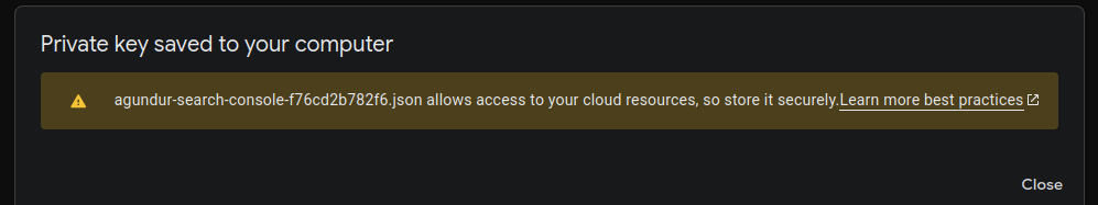 Dialog "Private key saved to your computer" mit dem Dateinamen des JSON-Keys